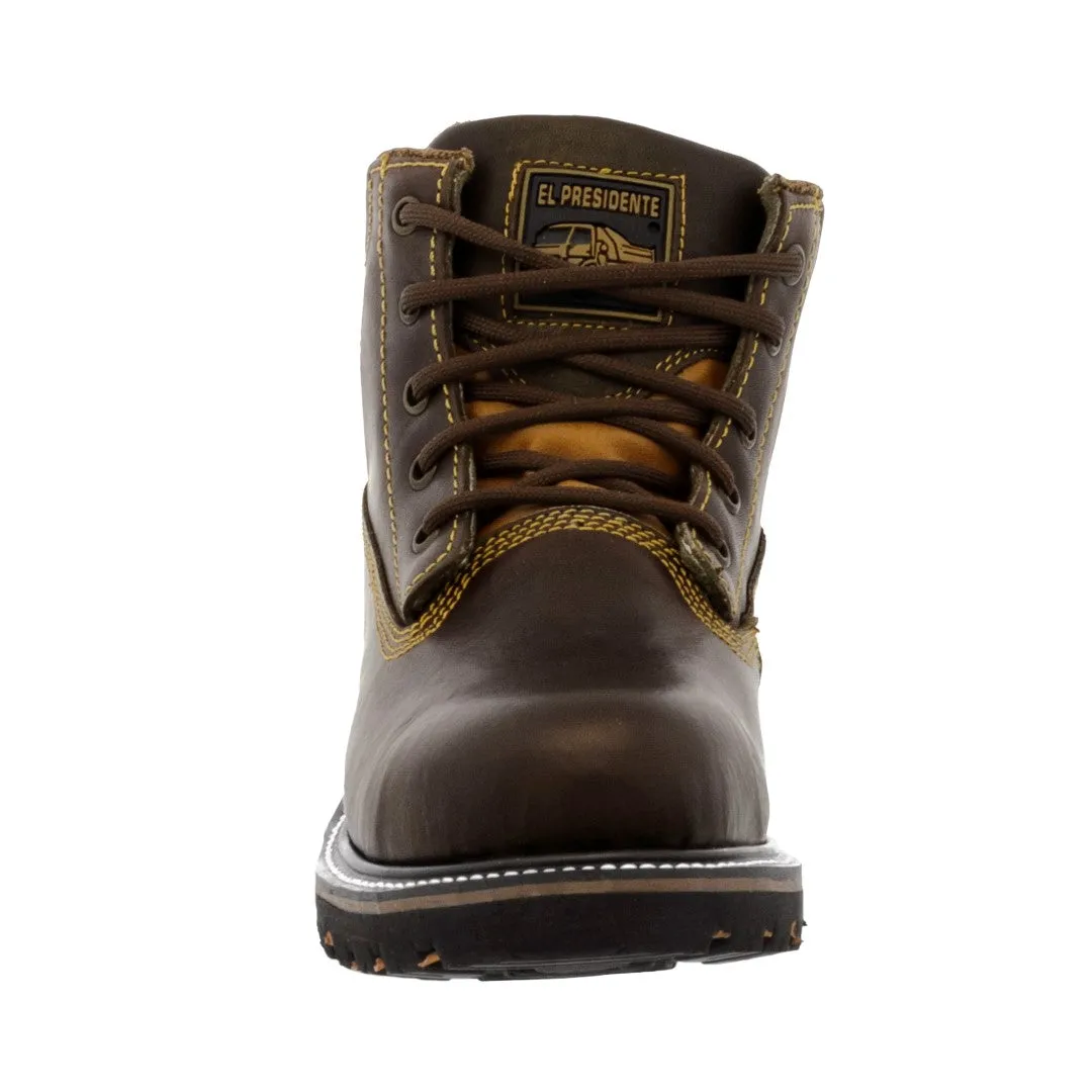 Mens Brown Work Boots Leather Slip Resistant Lace Up Steel Toe - #S600TR