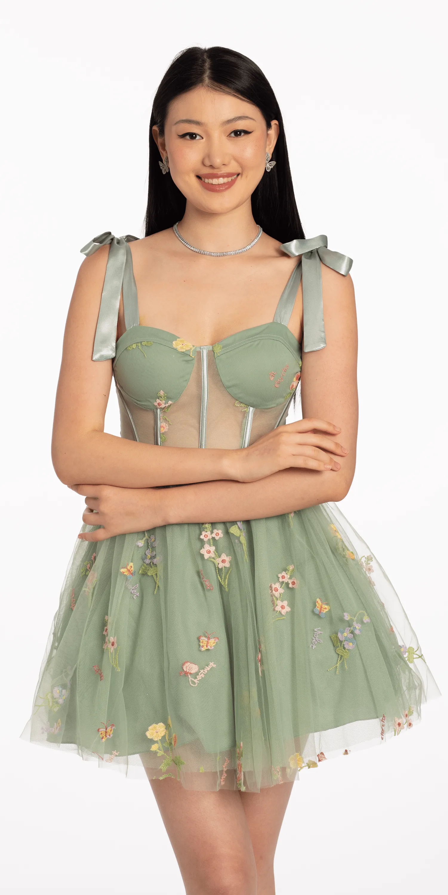 Mesh Floral Embroidered Corset Fit and Flare Dress