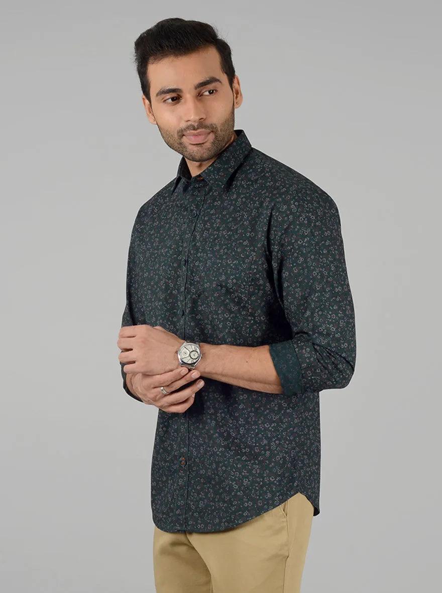 Olive Green Printed Classic Fit Casual Shirt | Greenfibre