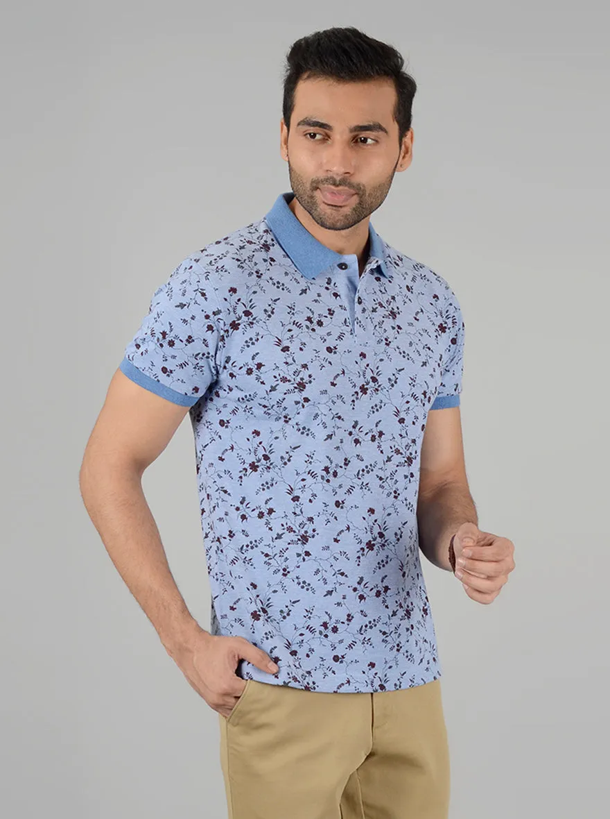 Sky Blue Printed Slim Fit Polo T-Shirt | Greenfibre