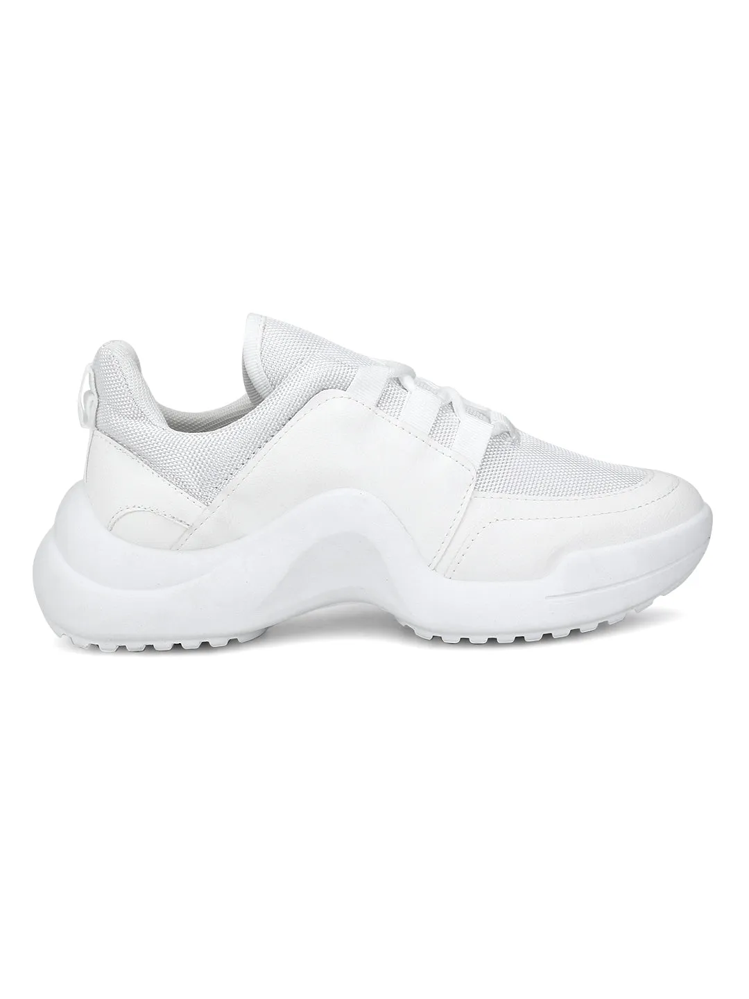 Total White PU Cleated Bottom Lace-Up Sneakers