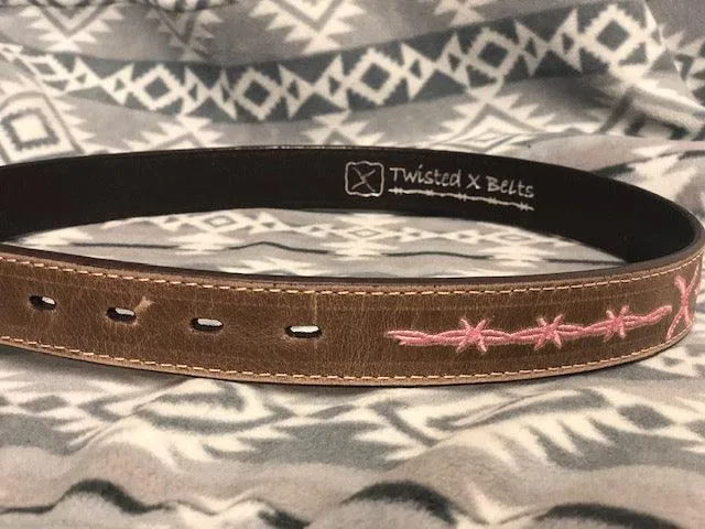 Twisted X Youth Distressed Brown and Pink Logo Stitch Leather Belt XRBK-P