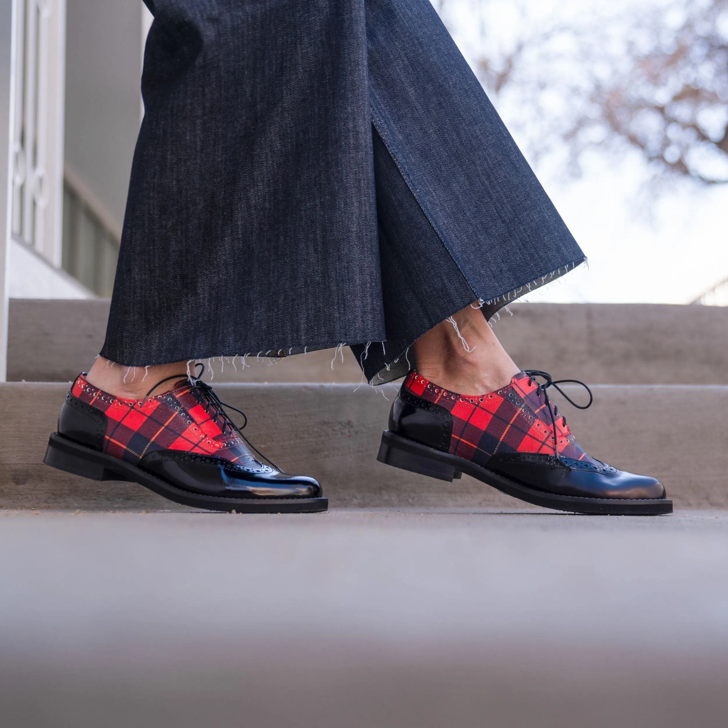 Vivienne - Red Tartan - Women's almond toe oxford lace-up in tartan pattern leather